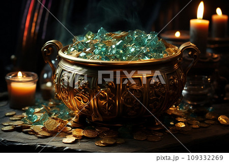 Metal pot full of emeralds and gold coins, St Patricks day decoration 109332269
