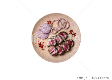 Delicious fresh bacon stripes with spices and salt 109332270