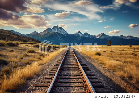 Railroad to horizon in sunset, snow mountains on background 109332347