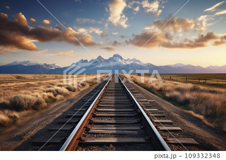 Railroad to horizon in sunset, snow mountains on background 109332348