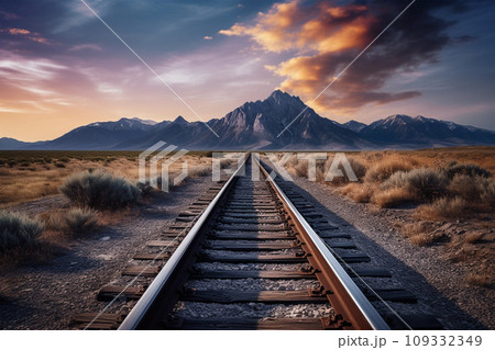 Railroad to horizon in sunset, snow mountains on background 109332349