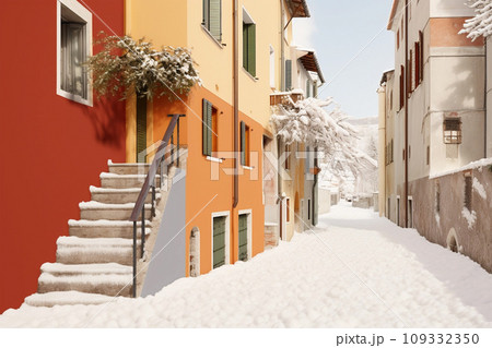 Row of colorful houses in snow, winter in the city 109332350