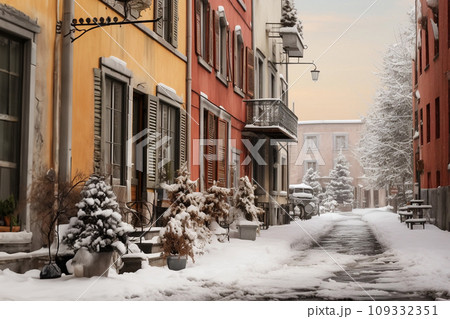 Row of colorful houses in snow, winter in the city 109332351