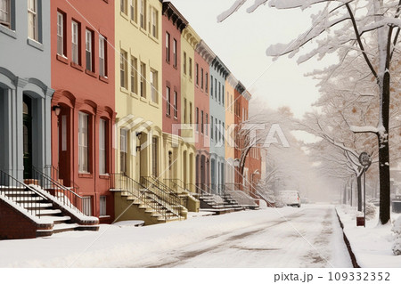 Row of colorful houses in snow, winter in the city 109332352