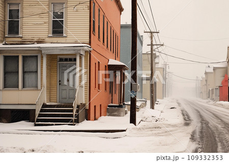Row of colorful houses in snow, winter in the city 109332353