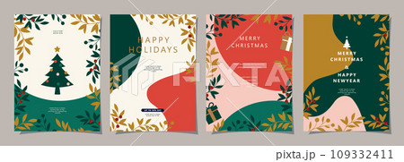 Set of Merry Christmas and Happy New Year background. Greeting and invitation card, web banner, holiday cover, flyer, poster design templates. Modern flat vector illustration. 109332411