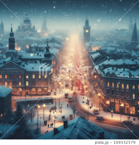In the style of cinematic, a winter city scene under soft snowfall at dusk 109332579