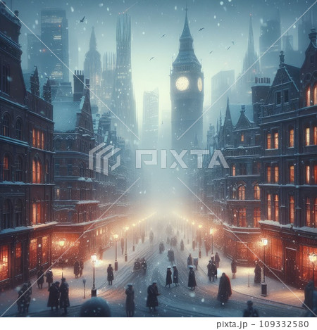 In the style of cinematic, a winter city scene under soft snowfall at dusk In the style of cinematic, a winter city scene under soft snowfall at dusk 109332580