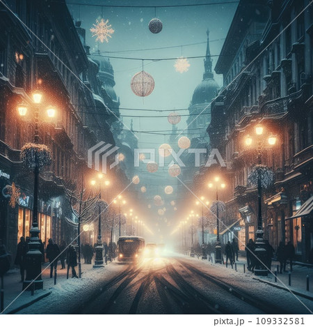 In the style of cinematic, a winter city scene under soft snowfall at dusk 109332581