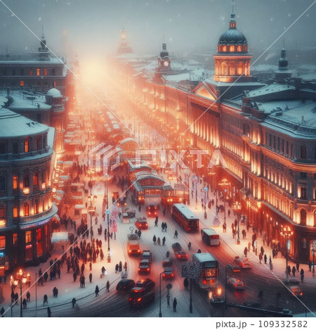 In the style of cinematic, a winter city scene under soft snowfall at dusk 109332582