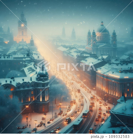 In the style of cinematic, a winter city scene under soft snowfall at dusk In the style of cinematic, a winter city scene under soft snowfall at dusk 109332583