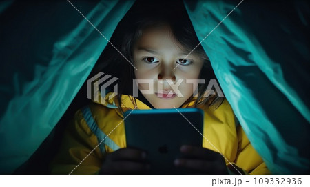 id boy lying on bed and surfing Internet on tablet in dark room. id boy lying on bed and surfing Internet on tablet in dark room. 109332936