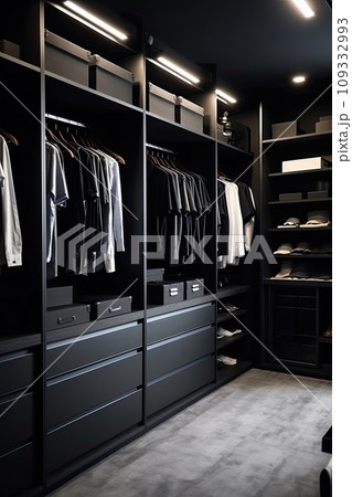 Elegant minimalist male walk in wardrobe with clothes hanging on rods, shelves and drawers. Elegant minimalist male walk in wardrobe with clothes hanging on rods, shelves and drawers. 109332993