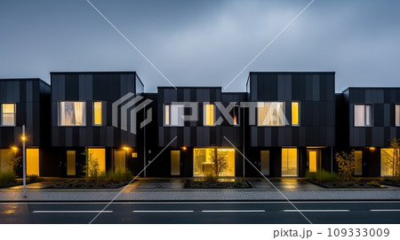 Residential minimalist architecture exterior. A very modern neighborhood, late afternoon or morning shot. Residential minimalist architecture exterior. A very modern neighborhood, late afternoon or morning shot. 109333009