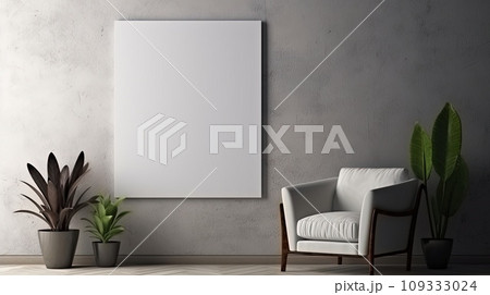 An armchair, house plant and a big art in modern home decoration. 109333024