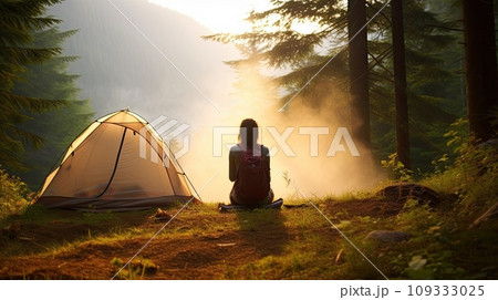 A young woman meditates early in the morning in the summer forest near her tent. A young woman meditates early in the morning in the summer forest near her tent. 109333025