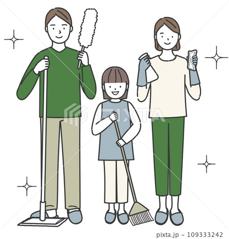 掃除道具を持った3人家族 109333242