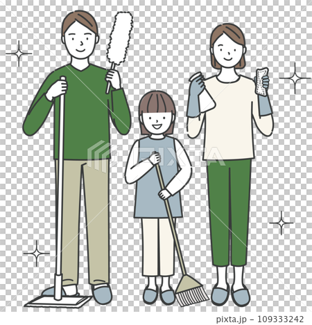 掃除道具を持った3人家族 109333242