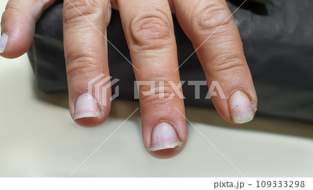 Manicure and nail extensions with acrylic and gel. The design is made with shiny gel polishes. Manicure and nail extensions with acrylic and gel. The design is made with shiny gel polishes. 109333298