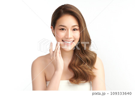 Beautiful smile of young woman with healthy white teeth on white background, Dental care. Dentistry concept. 109333640