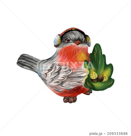 Bullfinch with a branch and golden cones. Bird illustration isolated on white background. Greeting cards, New Year flyers, Christmas stickers, covers. Bullfinch with a branch and golden cones. Bird illustration isolated on white background. Greeting cards, New Year flyers, Christmas stickers, covers. 109333686