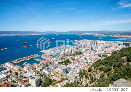 Aerial view of Gibraltar, Algeciras Bay and La Linea de la Concepcion from the Upper Rock. View on coastal city from above. Aerial view of Gibraltar, Algeciras Bay and La Linea de la Concepcion from the Upper Rock. View on coastal city from above. 109334007