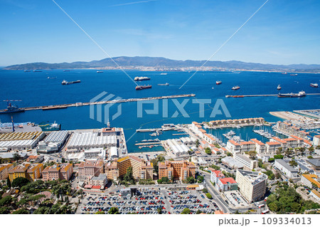 Aerial view of Gibraltar, Algeciras Bay and La Linea de la Concepcion from the Upper Rock. View on coastal city from above. Aerial view of Gibraltar, Algeciras Bay and La Linea de la Concepcion from the Upper Rock. View on coastal city from above. 109334013