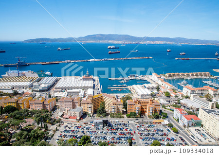 Aerial view of Gibraltar, Algeciras Bay and La Linea de la Concepcion from the Upper Rock. View on coastal city from above. Aerial view of Gibraltar, Algeciras Bay and La Linea de la Concepcion from the Upper Rock. View on coastal city from above. 109334018