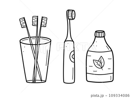 Doodle icons for oral and dental care. Vector illustration of toothbrushes, mouthwash. Doodle icons for oral and dental care. Vector illustration of toothbrushes, mouthwash. 109334086
