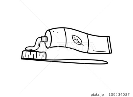Doodle icons for oral and dental care. Vector illustration toothpaste for brushing teeth flows out of the tube onto the toothbrush. 109334087