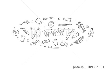 Dentistry set of doodle icons. Vector illustration of elements for the treatment and care of teeth. Dentist's tools. Teeth with emotions. Dentistry set of doodle icons. Vector illustration of elements for the treatment and care of teeth. Dentist's tools. Teeth with emotions. 109334091