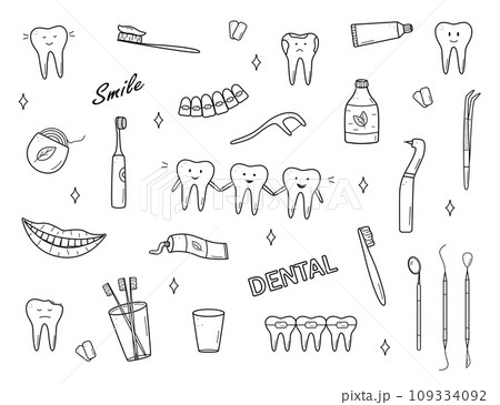Dentistry set of doodle icons. Vector illustration of elements for the treatment and care of teeth. Dentist's tools. Teeth with emotions. 109334092