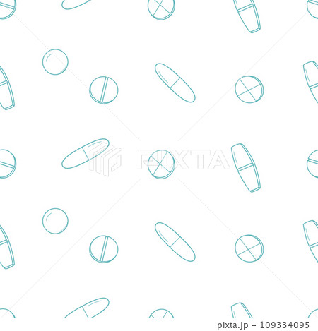 Seamless pattern with pills and capsules. Vector illustration, medicine background, texture. 109334095