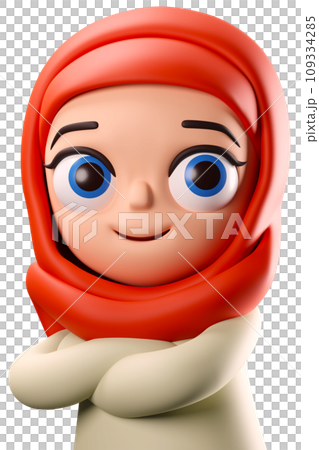 3D rendering muslim woman with hijab arms on chest cartoon character illustration 109334285