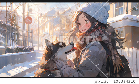 雪だるまのような笑顔：冬の朝の散歩 109334310