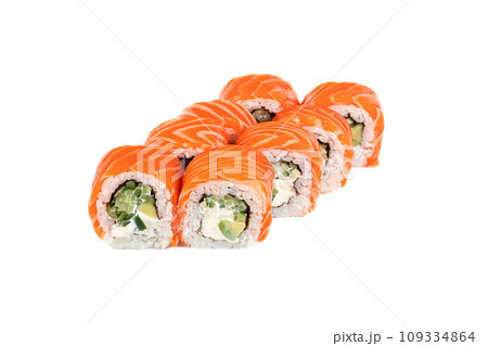 Sushi and rolls with caviar, shrimp and tuna, avocado on a white background. Isolates. Sushi and rolls with caviar, shrimp and tuna, avocado on a white background. Isolates. 109334864