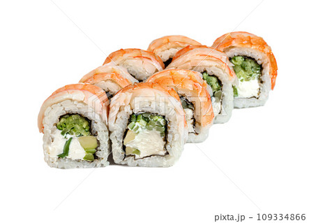 Sushi and rolls with caviar, shrimp and tuna, avocado on a white background. Isolates. 109334866