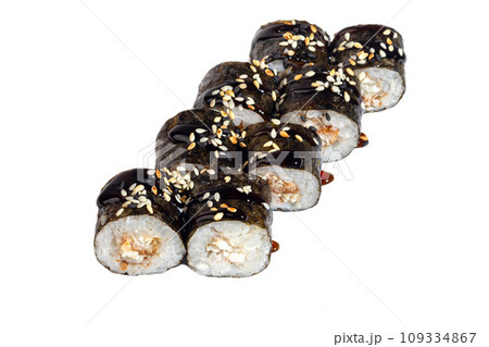 Sushi and rolls with caviar, shrimp and tuna, avocado on a white background. Isolates. 109334867