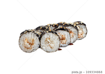 Sushi and rolls with caviar, shrimp and tuna, avocado on a white background. Isolates. 109334868