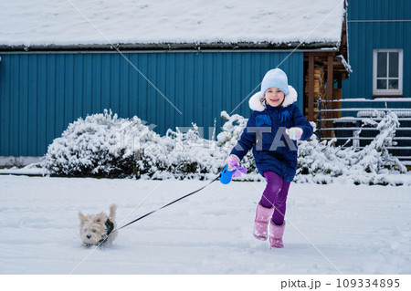 Little school girl playing with little maltese puppy outdoors in winter. Happy child and family dog having fun with snow. 109334895