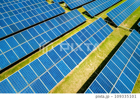 Aerial view of Solar Panels Farm Solar Cell Station. Production of clean energy. Renewable green alternative energy concept. 109335101