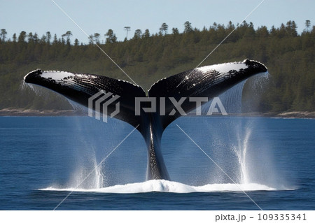 Tail of a humpback whale with running water in the ocean Tail of a humpback whale with running water in the ocean 109335341