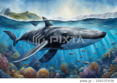 Beautiful blue whale in multi-colored corals with bright fish underwater 109335436