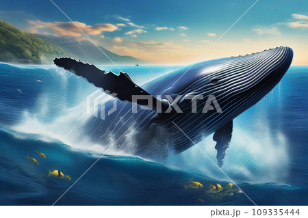 A wonderful humpback whale has jumped out and is floating above the water with small splashes 109335444