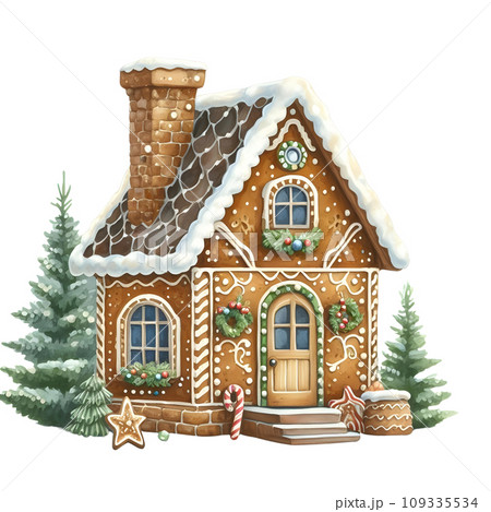 Christmas gingerbread house with red ribbon and...のイラスト