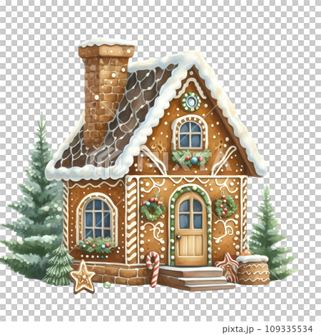 Christmas gingerbread house with red ribbon and...のイラスト