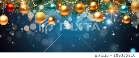 A Festive Christmas Background with Blue, Gold, and Red Ornaments A Festive Christmas Background with Blue, Gold, and Red Ornaments 109335816