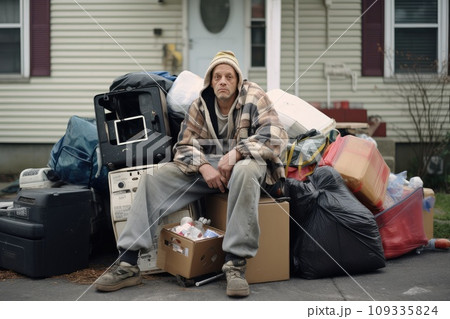 A man sitting on a pile of luggage in front of a house depicting poverty 109335824