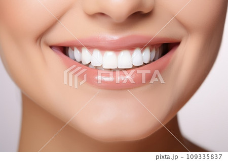 A Close-Up of a Woman's Smile with White Teeth A Close-Up of a Woman's Smile with White Teeth 109335837