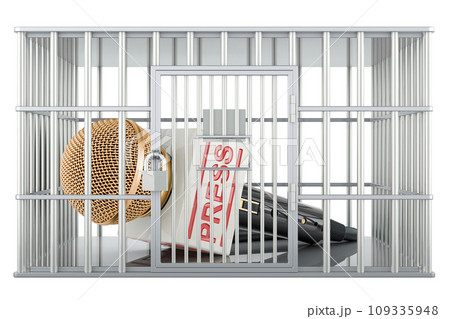 Freedom of the press prohibition, concept. Microphone press inside cage, prison cell. 3D rendering Freedom of the press prohibition, concept. Microphone press inside cage, prison cell. 3D rendering 109335948